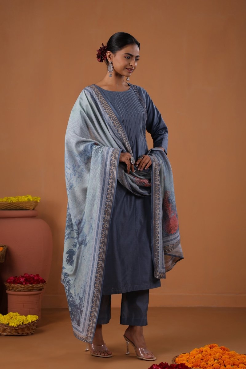 PAYAL Steel Blue Kurta Suit Set with Khat Embroidery Design - Payal