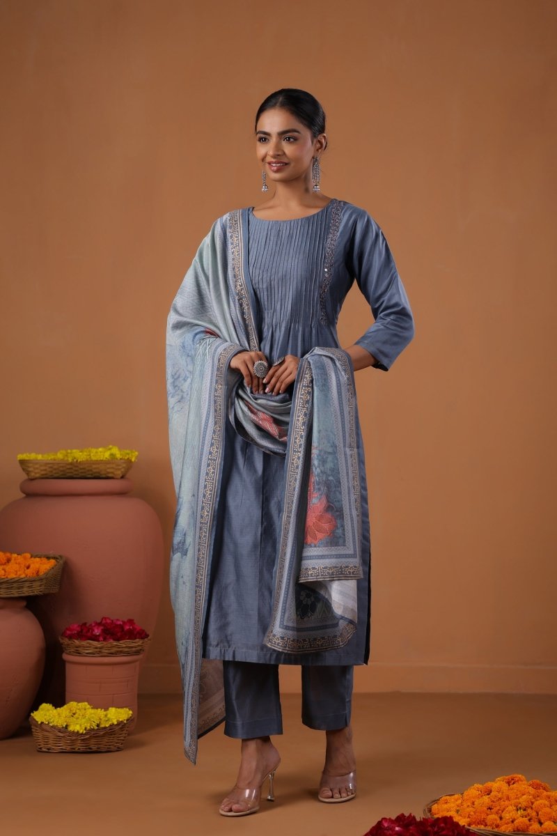 PAYAL Steel Blue Kurta Suit Set with Khat Embroidery Design - Payal