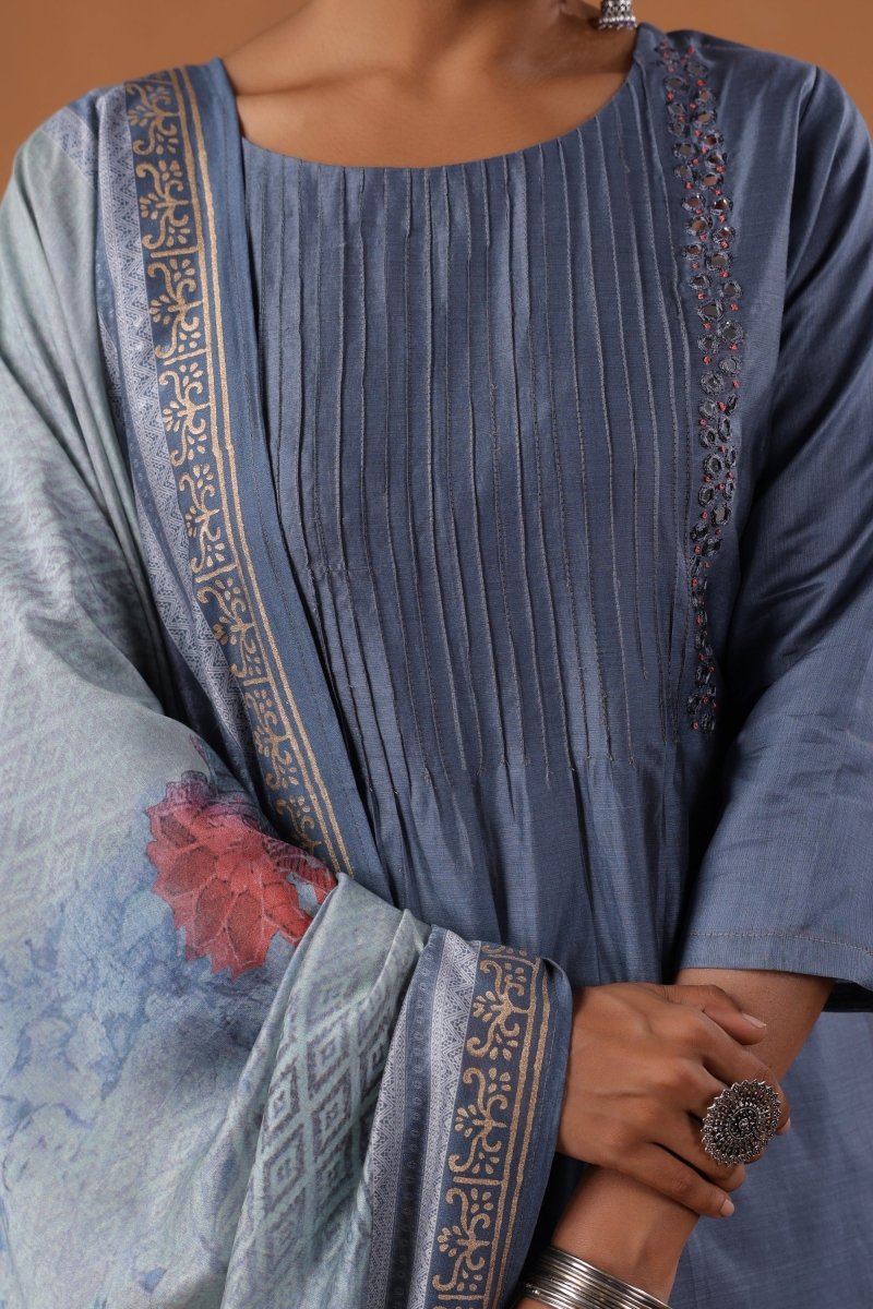 PAYAL Steel Blue Kurta Suit Set with Khat Embroidery Design - Payal