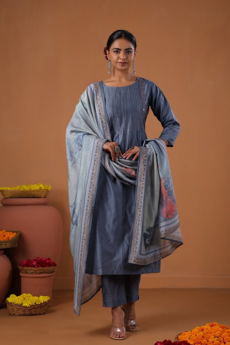 PAYAL Steel Blue Kurta Suit Set with Khat Embroidery Design - Payal