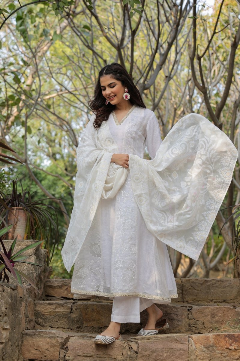 PAYAL White Cotton Kurta Suit Set with Detailed Dupatta - Payal
