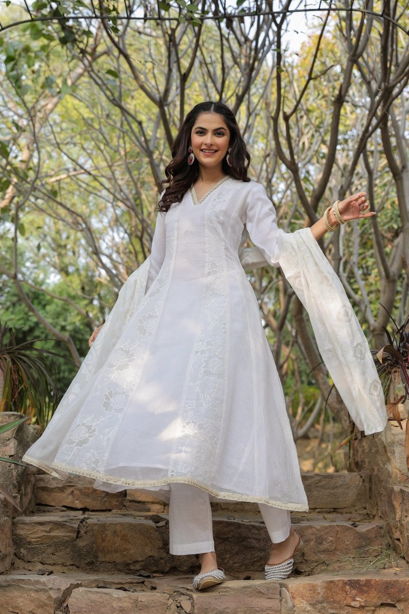 PAYAL White Cotton Kurta Suit Set with Detailed Dupatta - Payal