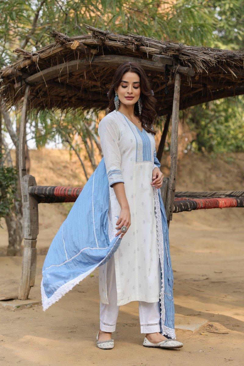 PAYAL White Kurta Suit Set with Jacquard Weaving - Payal