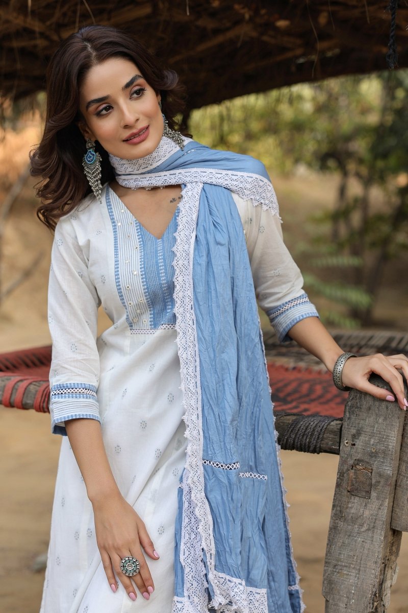 PAYAL White Kurta Suit Set with Jacquard Weaving - Payal