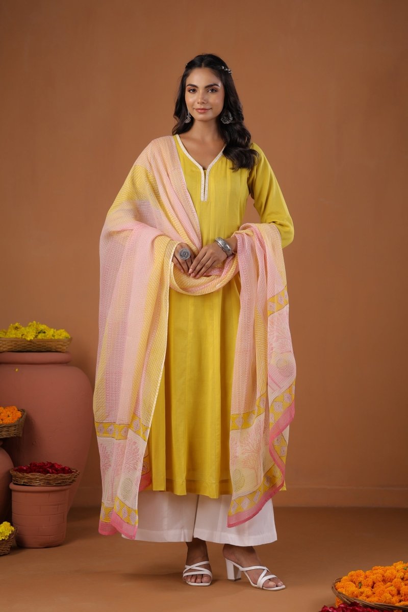 PAYAL Yellow Cotton Kurta Suit Set with Floral Design - Payal