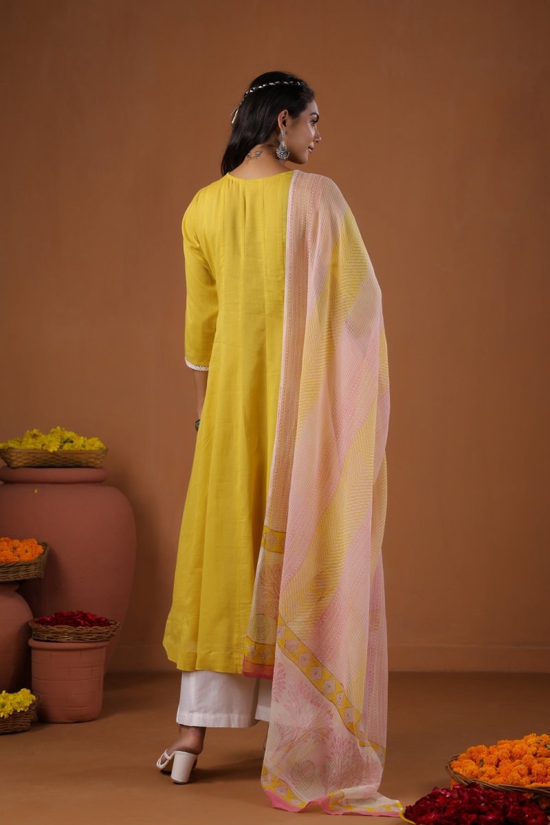 PAYAL Yellow Cotton Kurta Suit Set with Floral Design - Payal