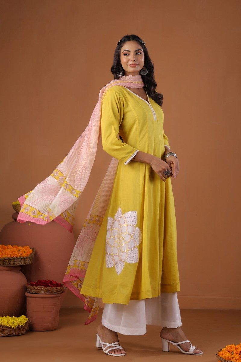 PAYAL Yellow Cotton Kurta Suit Set with Floral Design - Payal