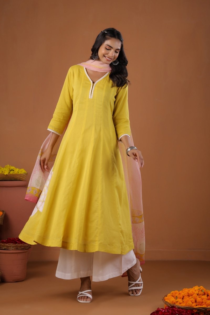 PAYAL Yellow Cotton Kurta Suit Set with Floral Design - Payal