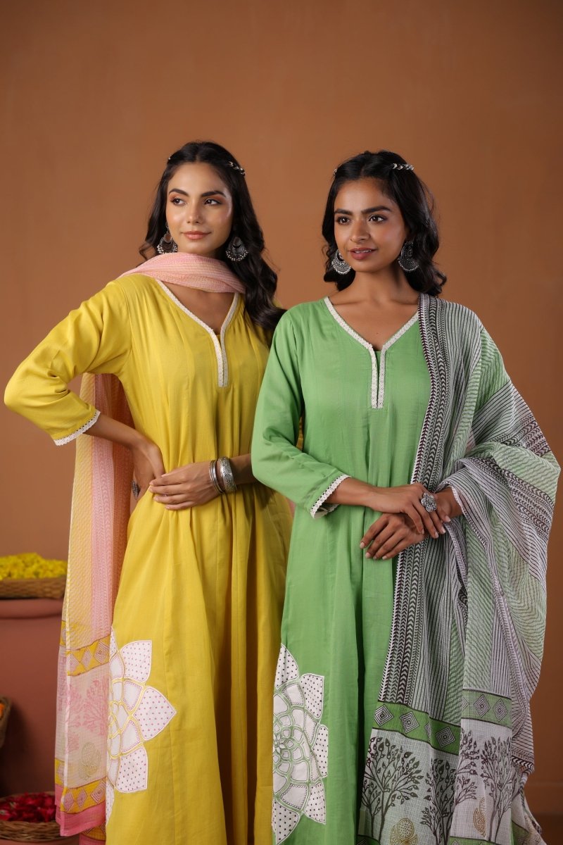 PAYAL Yellow Cotton Kurta Suit Set with Floral Design - Payal