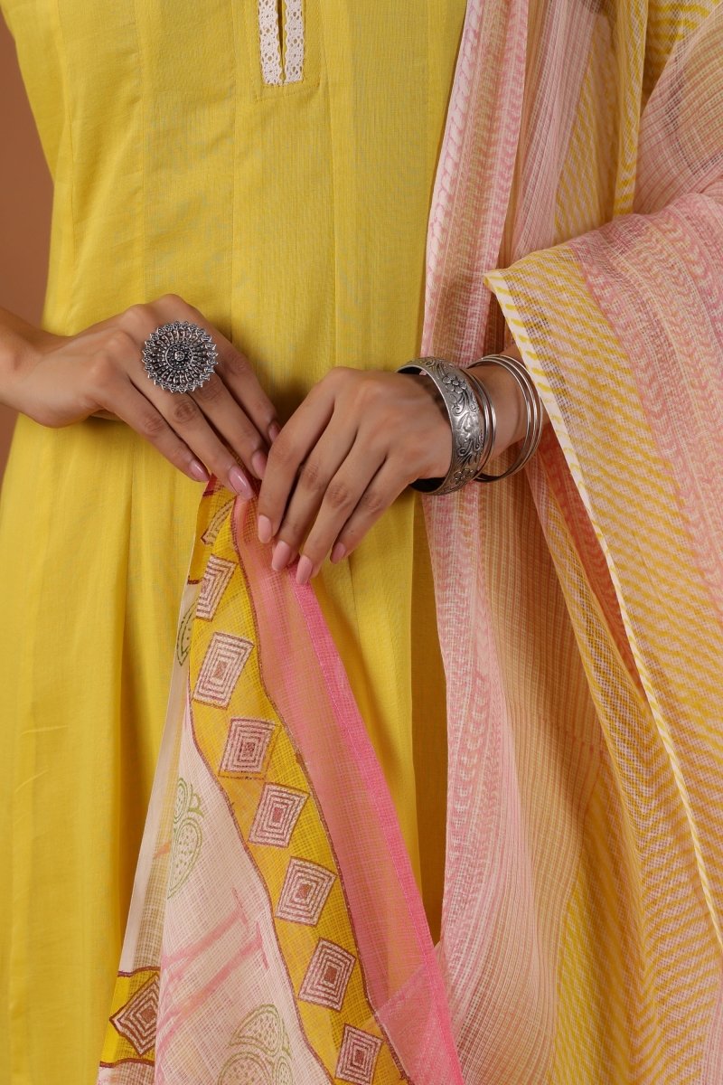PAYAL Yellow Cotton Kurta Suit Set with Floral Design - Payal