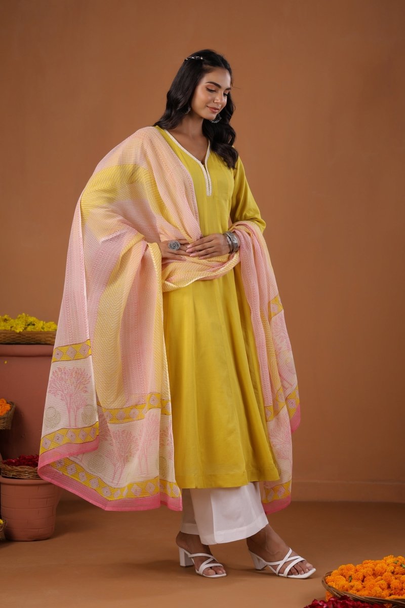 PAYAL Yellow Cotton Kurta Suit Set with Floral Design - Payal