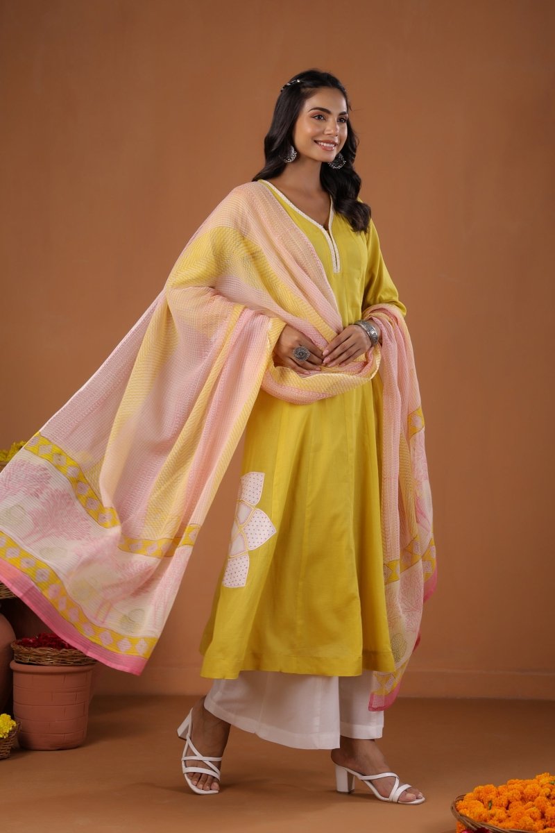 PAYAL Yellow Cotton Kurta Suit Set with Floral Design - Payal
