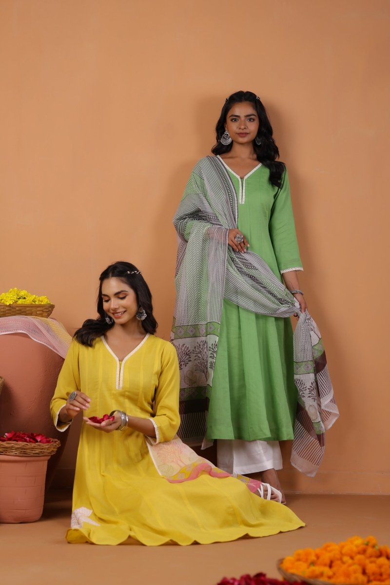 PAYAL Yellow Cotton Kurta Suit Set with Floral Design - Payal