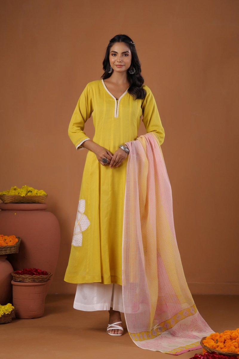 PAYAL Yellow Cotton Kurta Suit Set with Floral Design - Payal