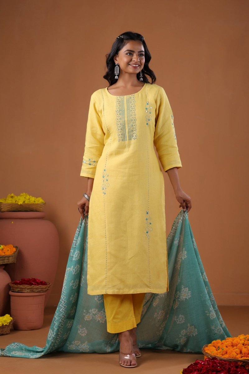 PAYAL Yellow Kurta Suit Set in Block Print - Payal
