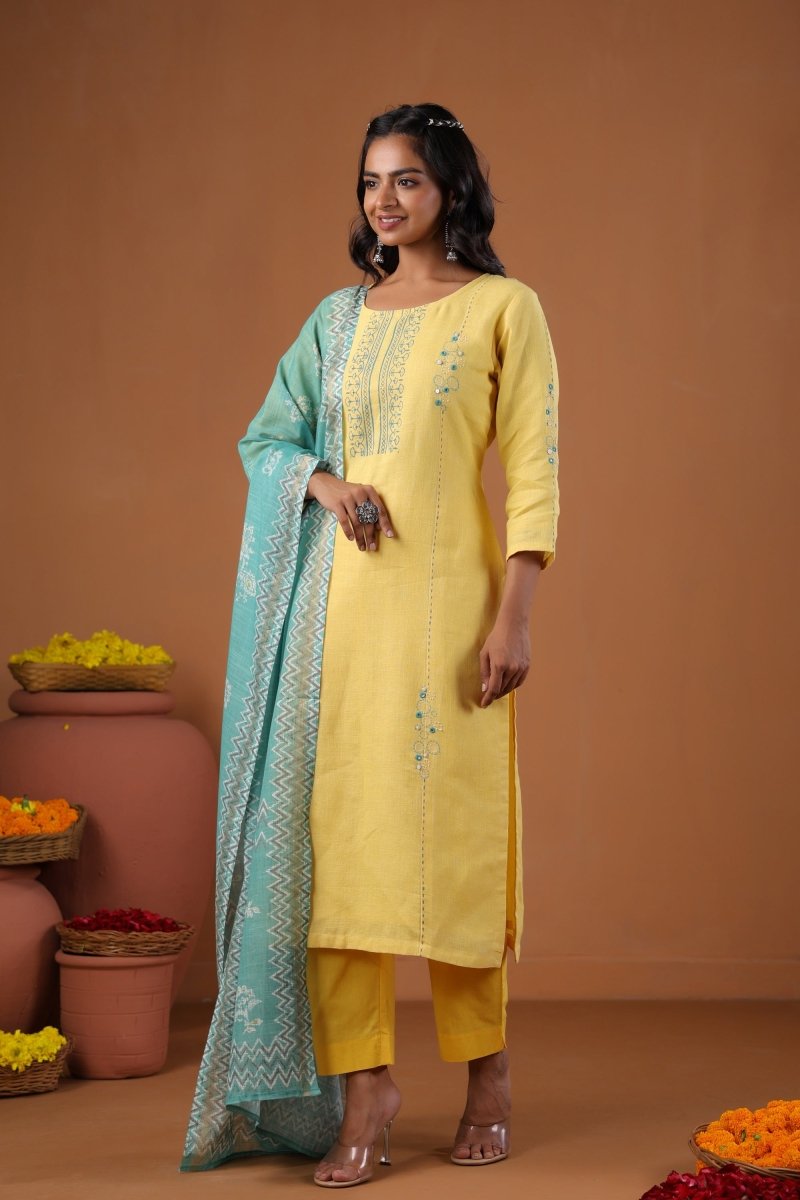 PAYAL Yellow Kurta Suit Set in Block Print - Payal