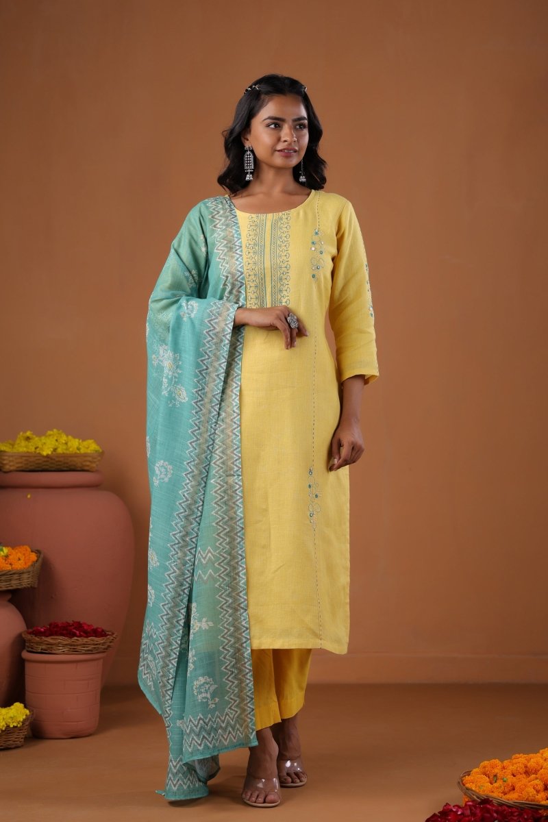 PAYAL Yellow Kurta Suit Set in Block Print - Payal