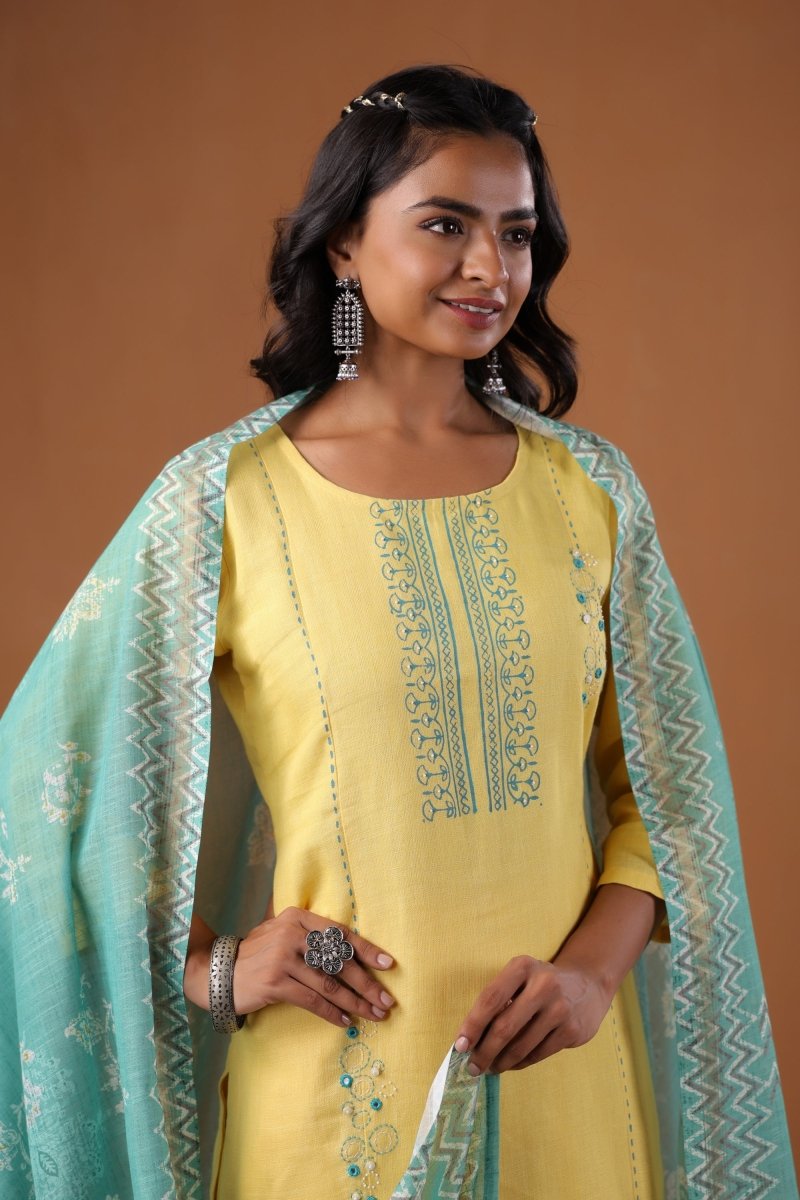 PAYAL Yellow Kurta Suit Set in Block Print - Payal