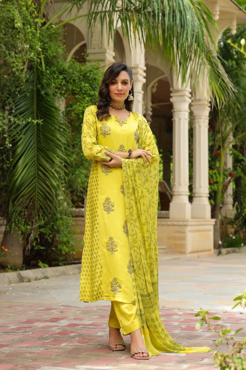 PAYAL Yellow Mal Cotton Suit Set with Intricate Detailing - Payal
