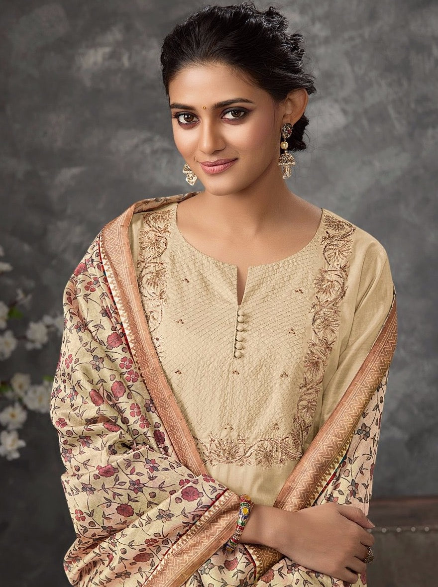 Biscuit Tusser Straight Suit Set - Payal