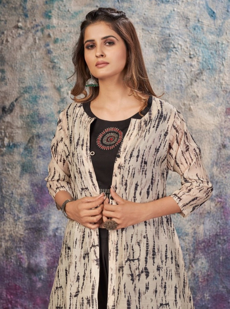 Black Chanderi Straight Jacket Kurta set - Payal