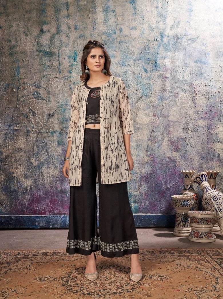 Black Chanderi Straight Jacket Kurta set - Payal