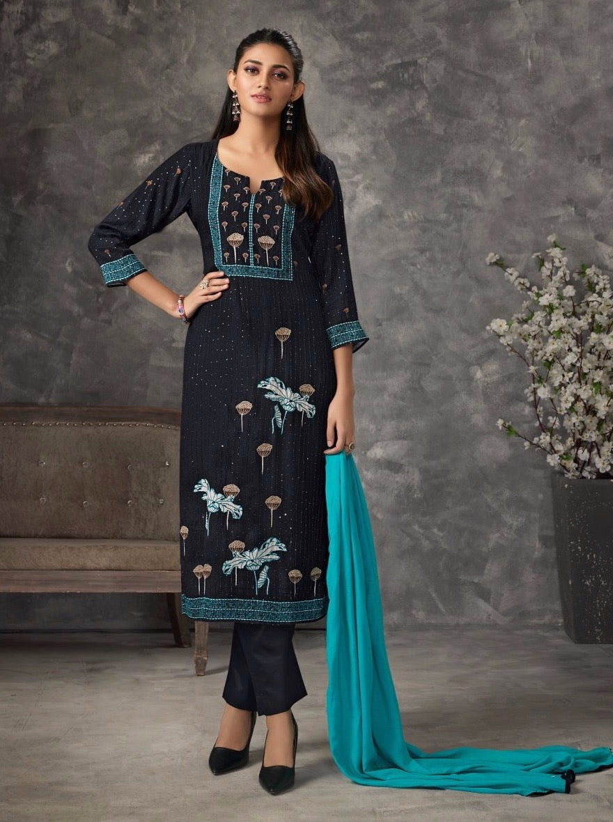 Black Muslin Aline Suit Set - Payal