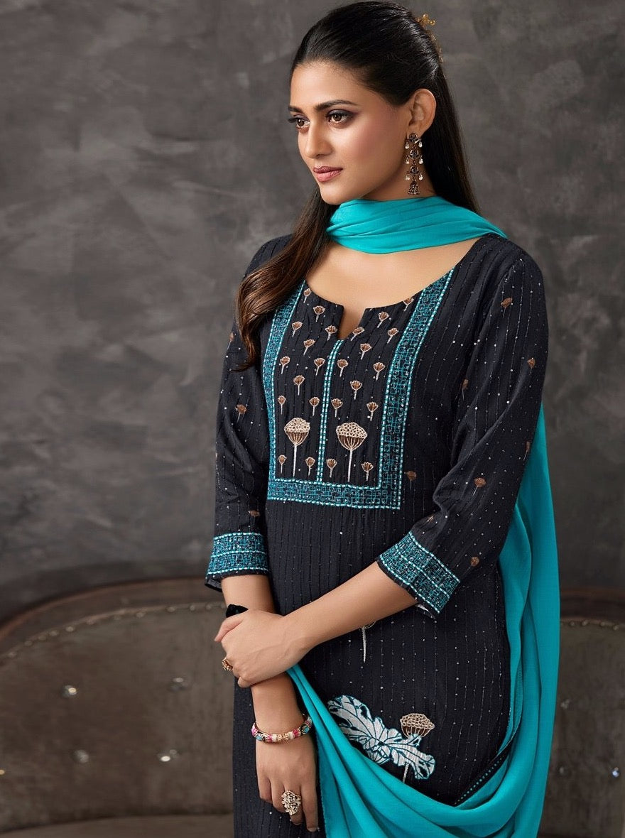 Black Muslin Aline Suit Set - Payal