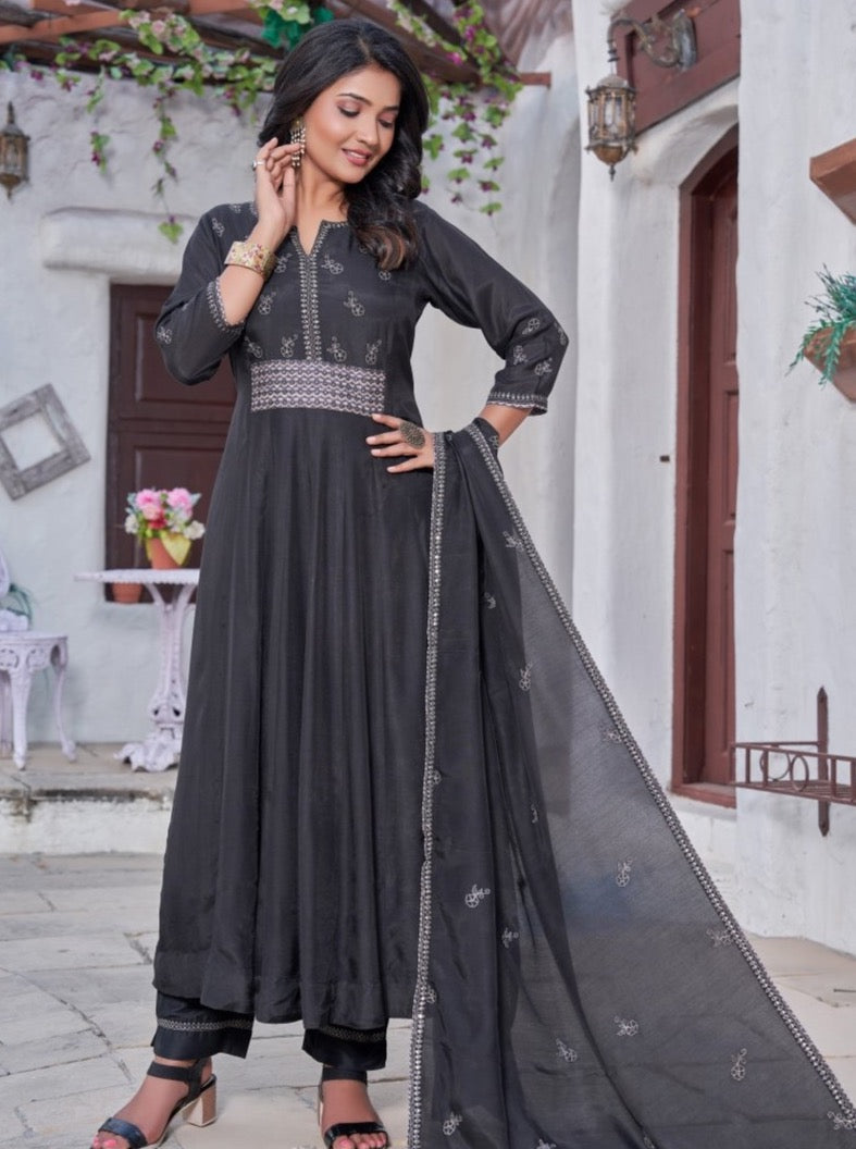 Black Muslin Flared Festive Suit Set - Payal