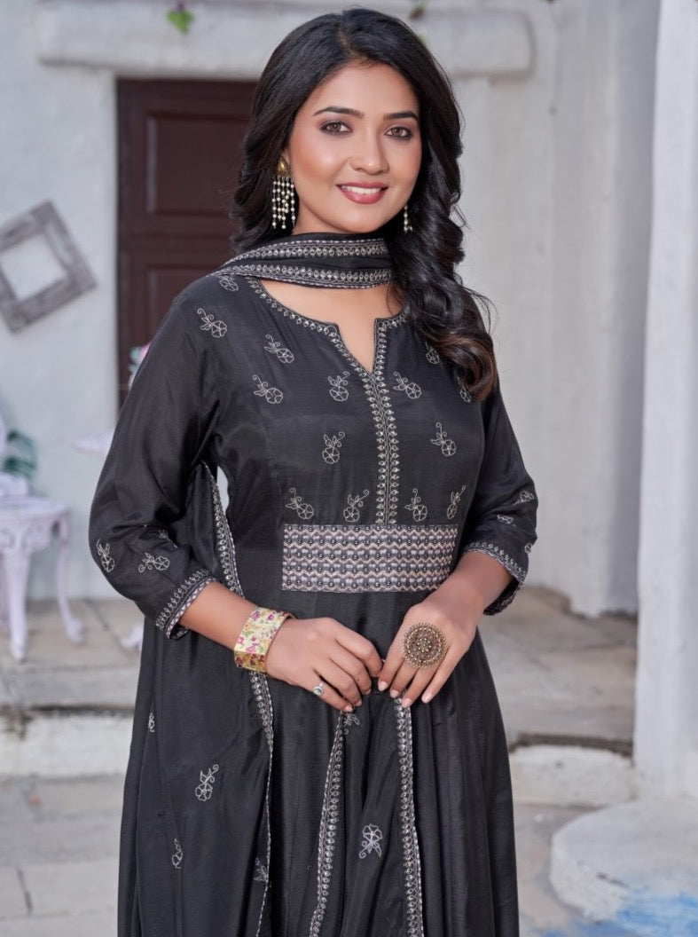 Black Muslin Flared Festive Suit Set - Payal