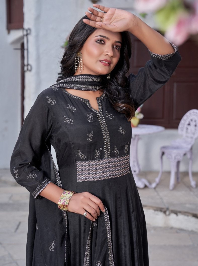 Black Muslin Flared Festive Suit Set - Payal
