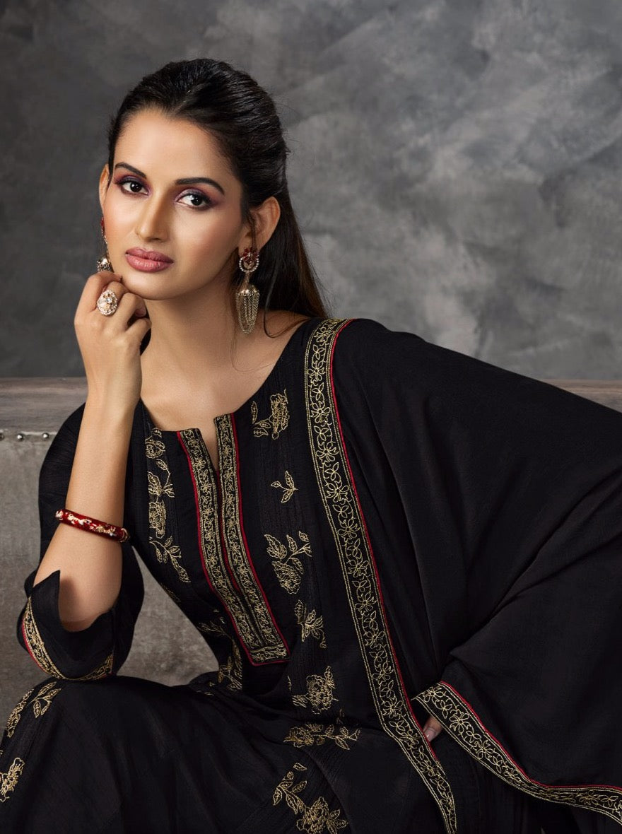 Black Silk Aline Suit Set - Payal