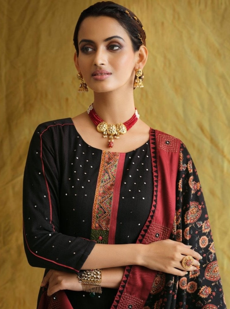 Black Straight Cut Festive Suit Set - Payal