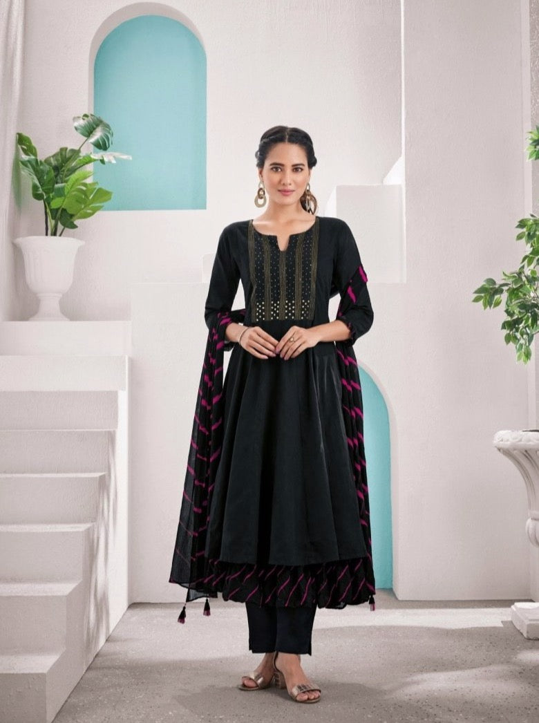 Black Suit Set With Leheriya Dupatta - Payal