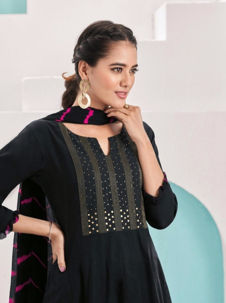 Black Suit Set With Leheriya Dupatta - Payal