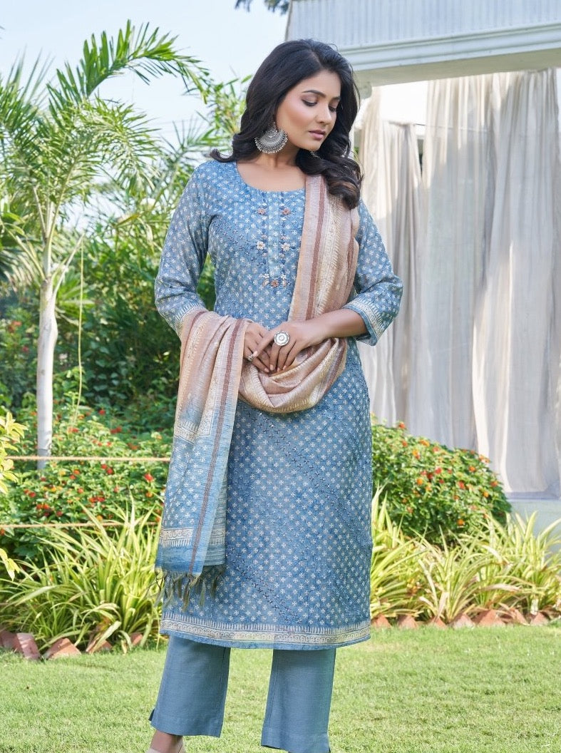 Blue Art Silk Semi Formal Straight Suit Set - Payal