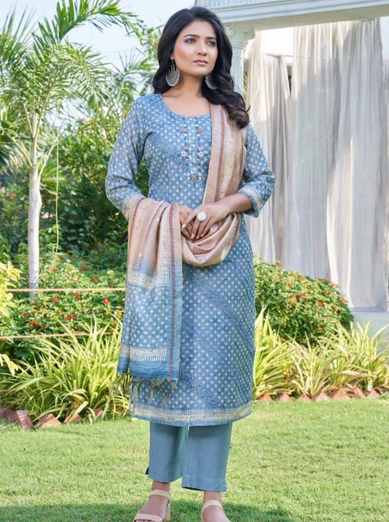 Blue Art Silk Semi Formal Straight Suit Set - Payal