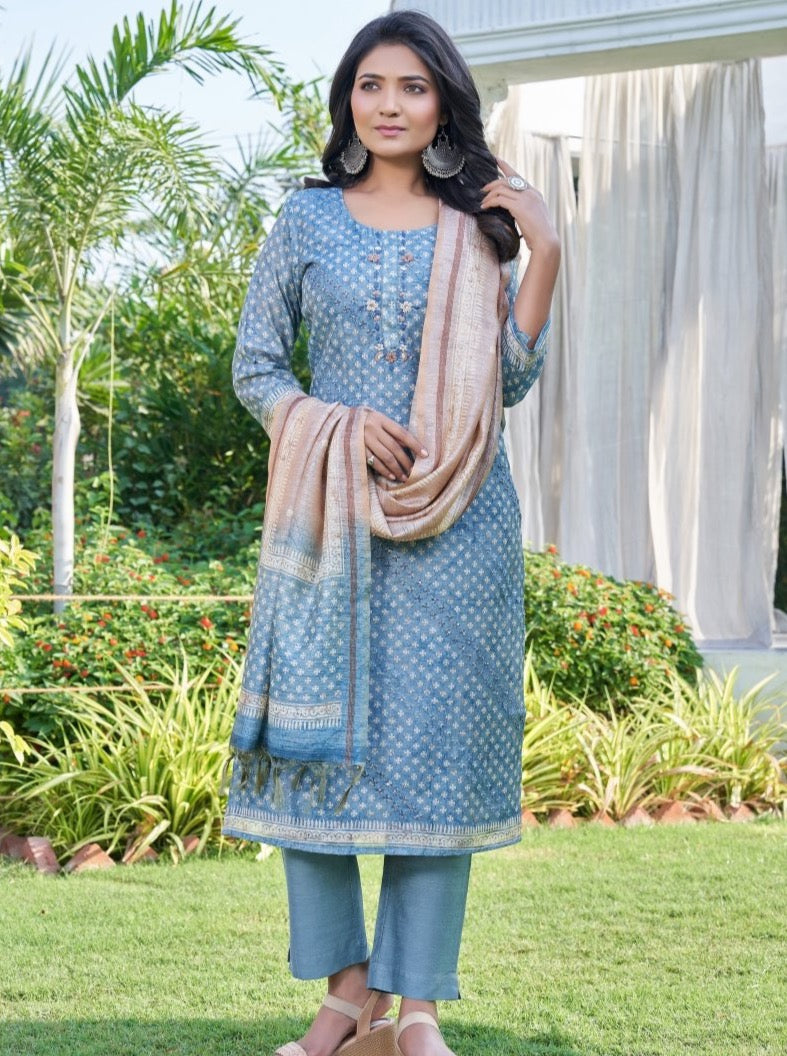 Blue Art Silk Semi Formal Straight Suit Set - Payal
