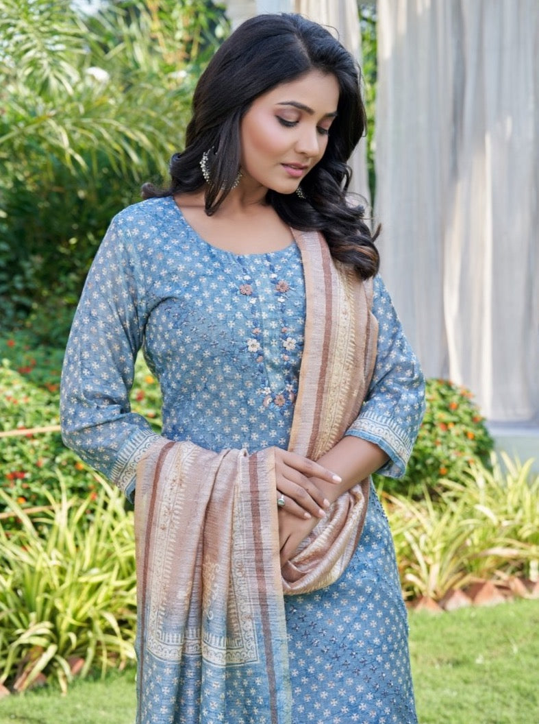 Blue Art Silk Semi Formal Straight Suit Set - Payal