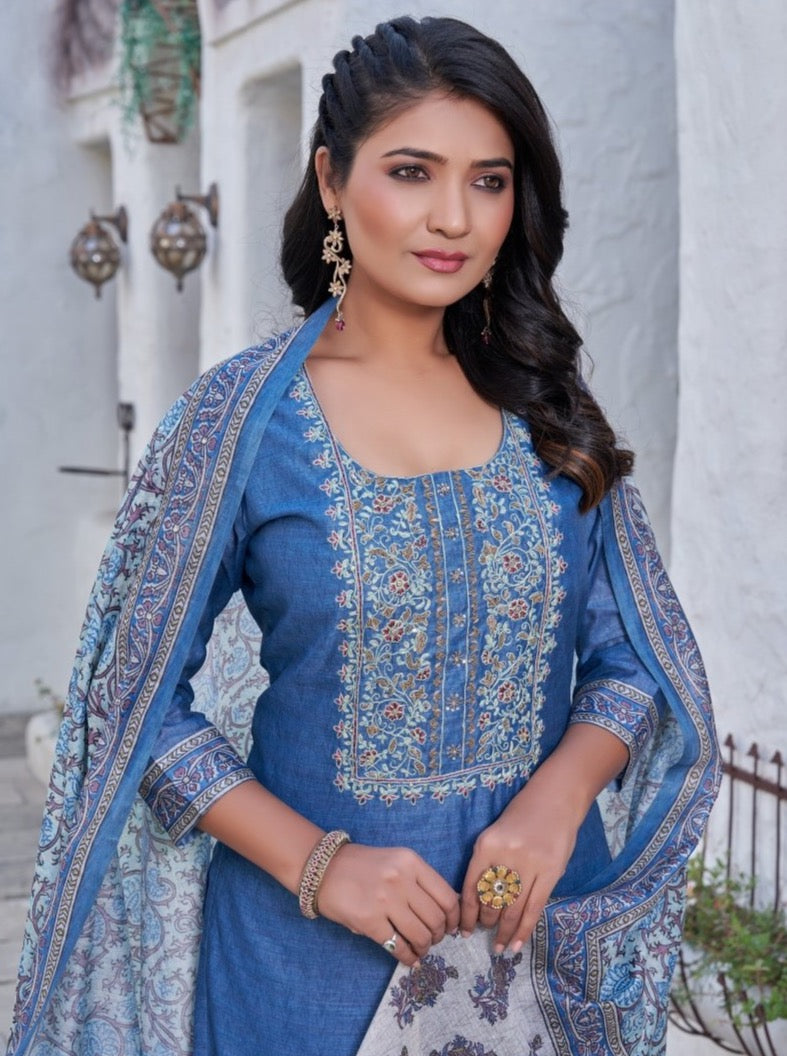 Blue Chanderi Semi Formal Straight Suit Set - Payal
