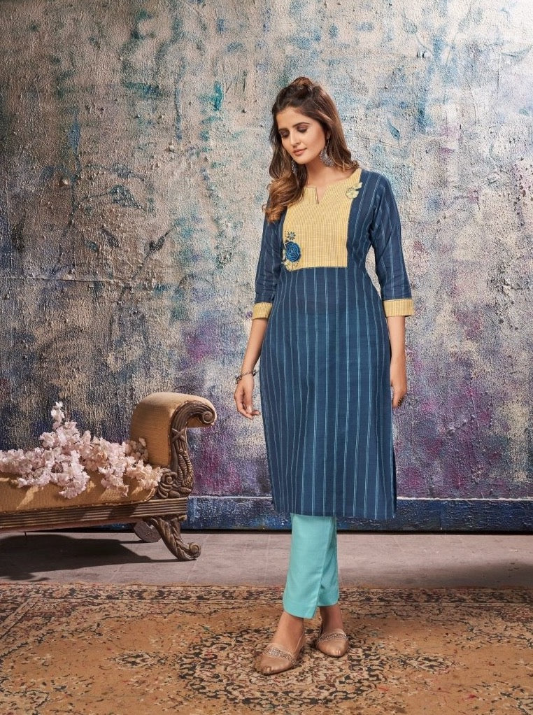 Blue Cotton Casual Straight cut Kurti - Payal