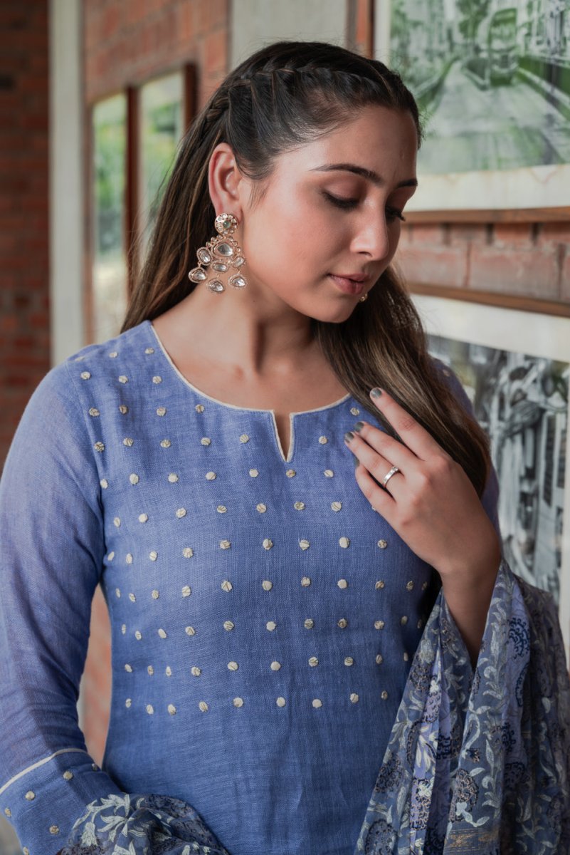 Blue Cotton Linen Suit Set - Payal