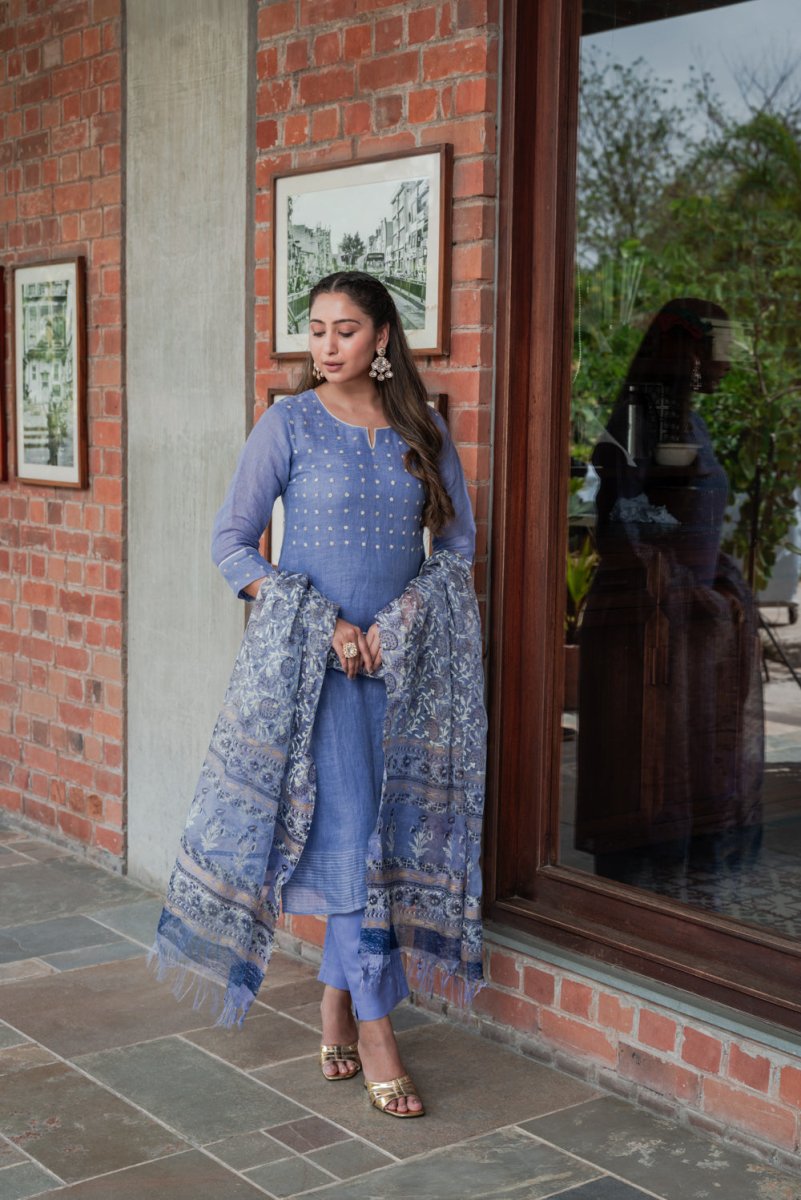 Blue Cotton Linen Suit Set - Payal