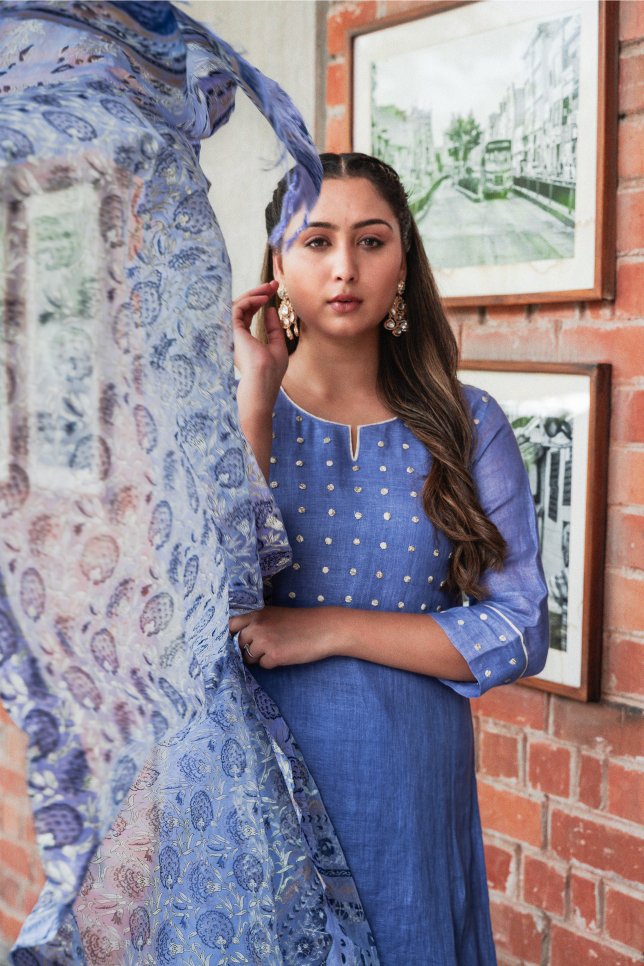 Blue Cotton Linen Suit Set - Payal