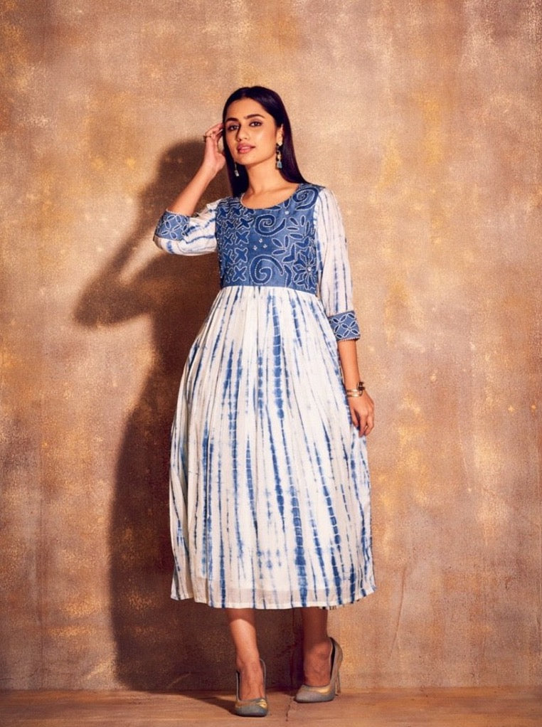Blue Cotton Silk A-Line Kurti - Payal