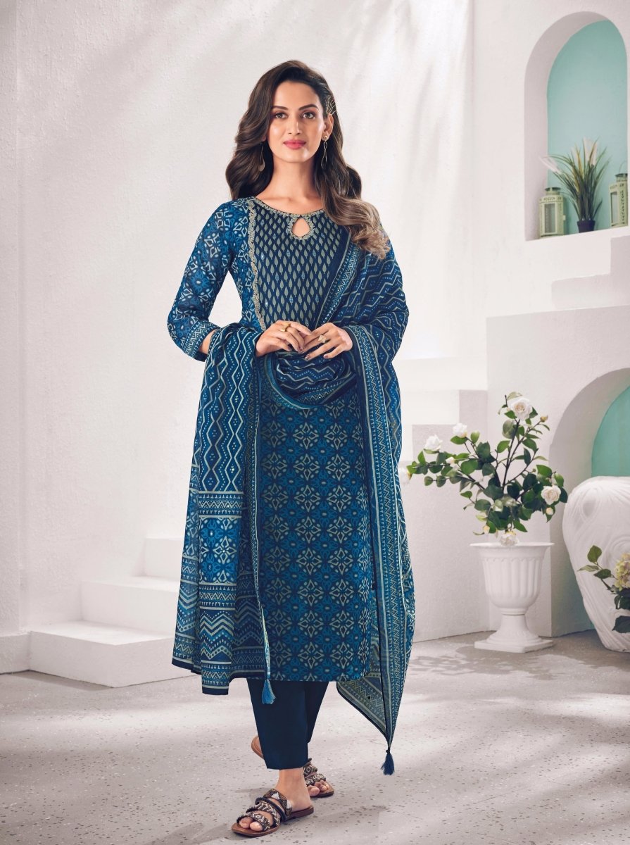 Blue Cotton Straight Cut Suit Set - Payal