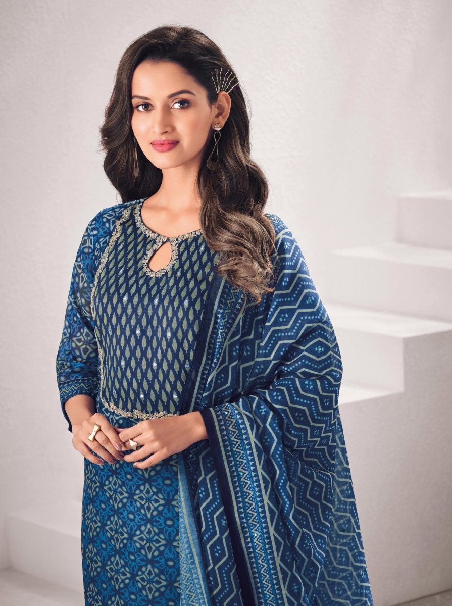 Blue Cotton Straight Cut Suit Set - Payal