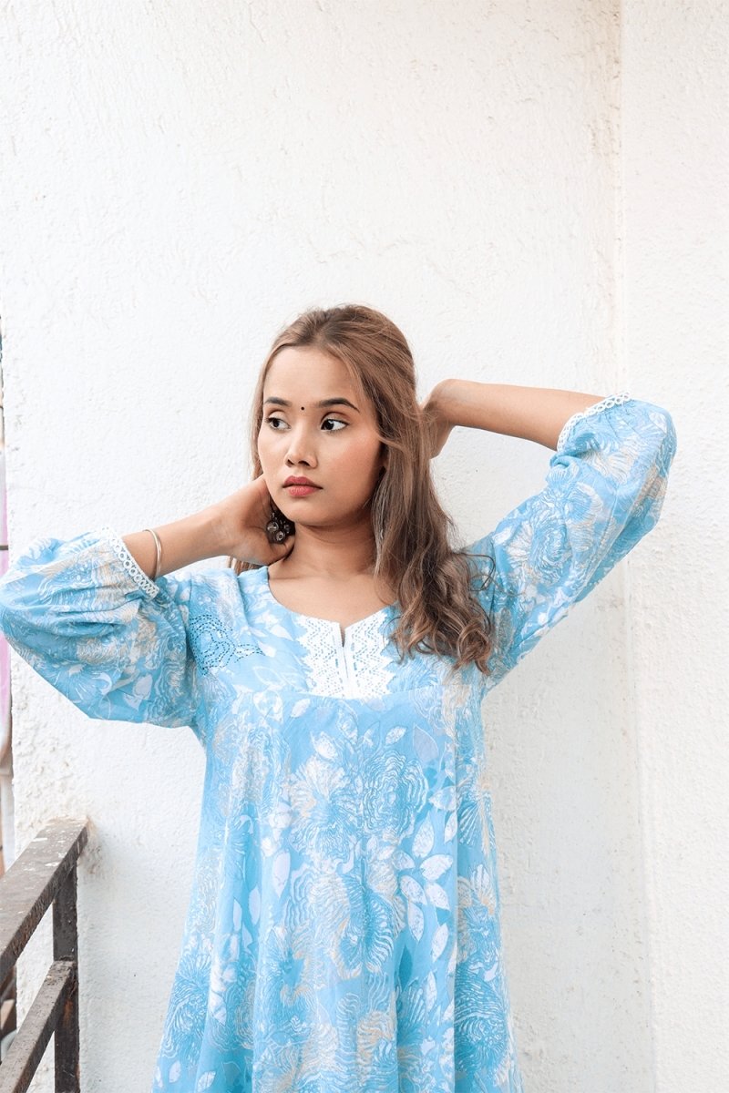 Blue flared aline long Kurti - Payal