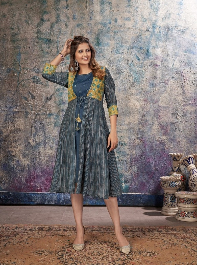 Blue Muslin Casual A-Line Kurta Dress - Payal