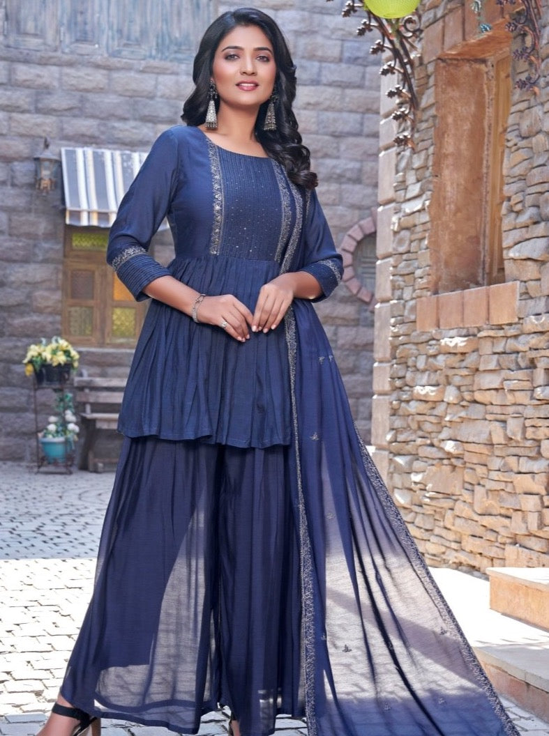 Blue Muslin Fusion Party Wear Suit Set - Payal